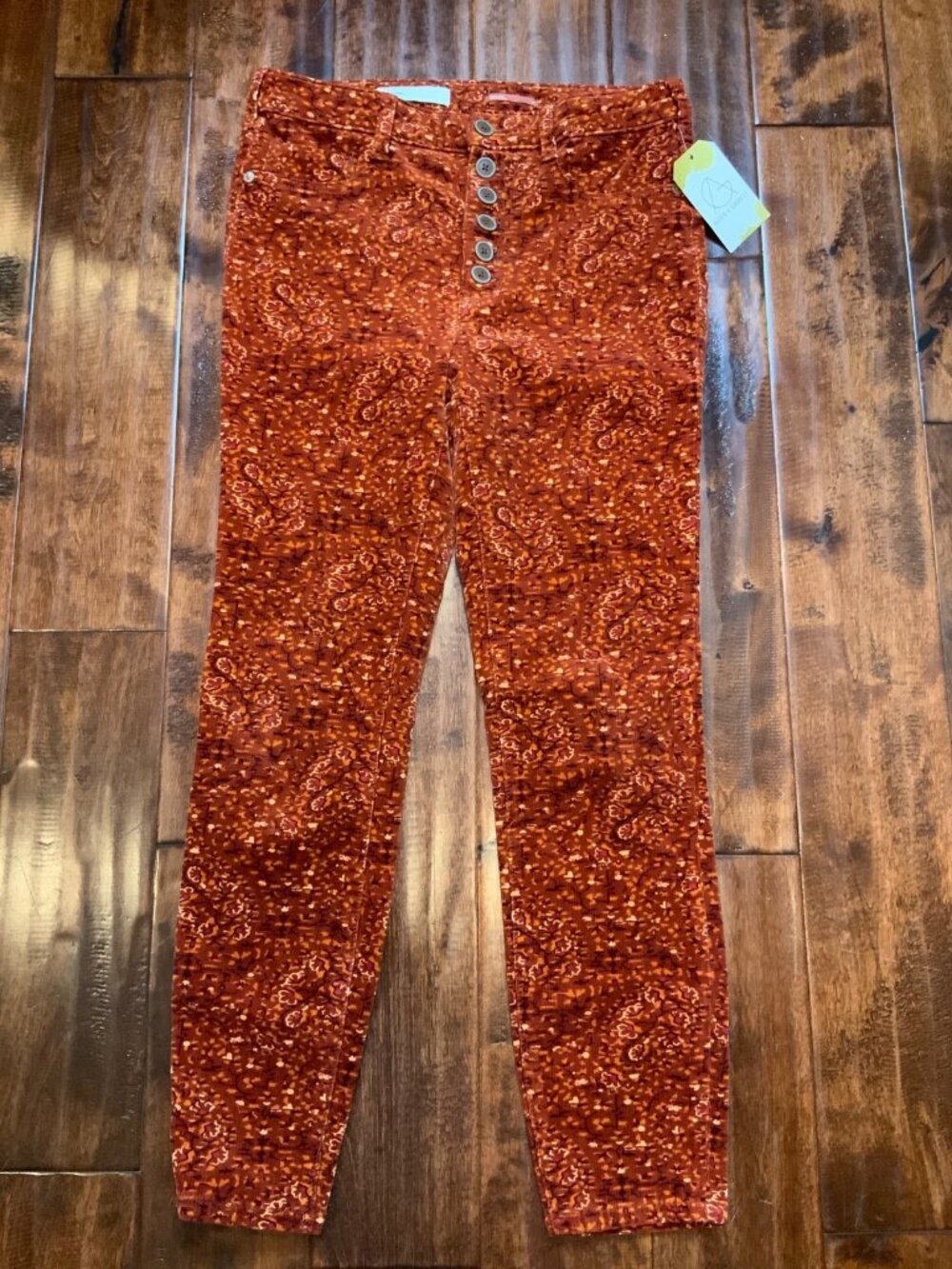 Pilcro Anthropologie Orange Floral Corduroy High Rise Skinny Pants, Size 29